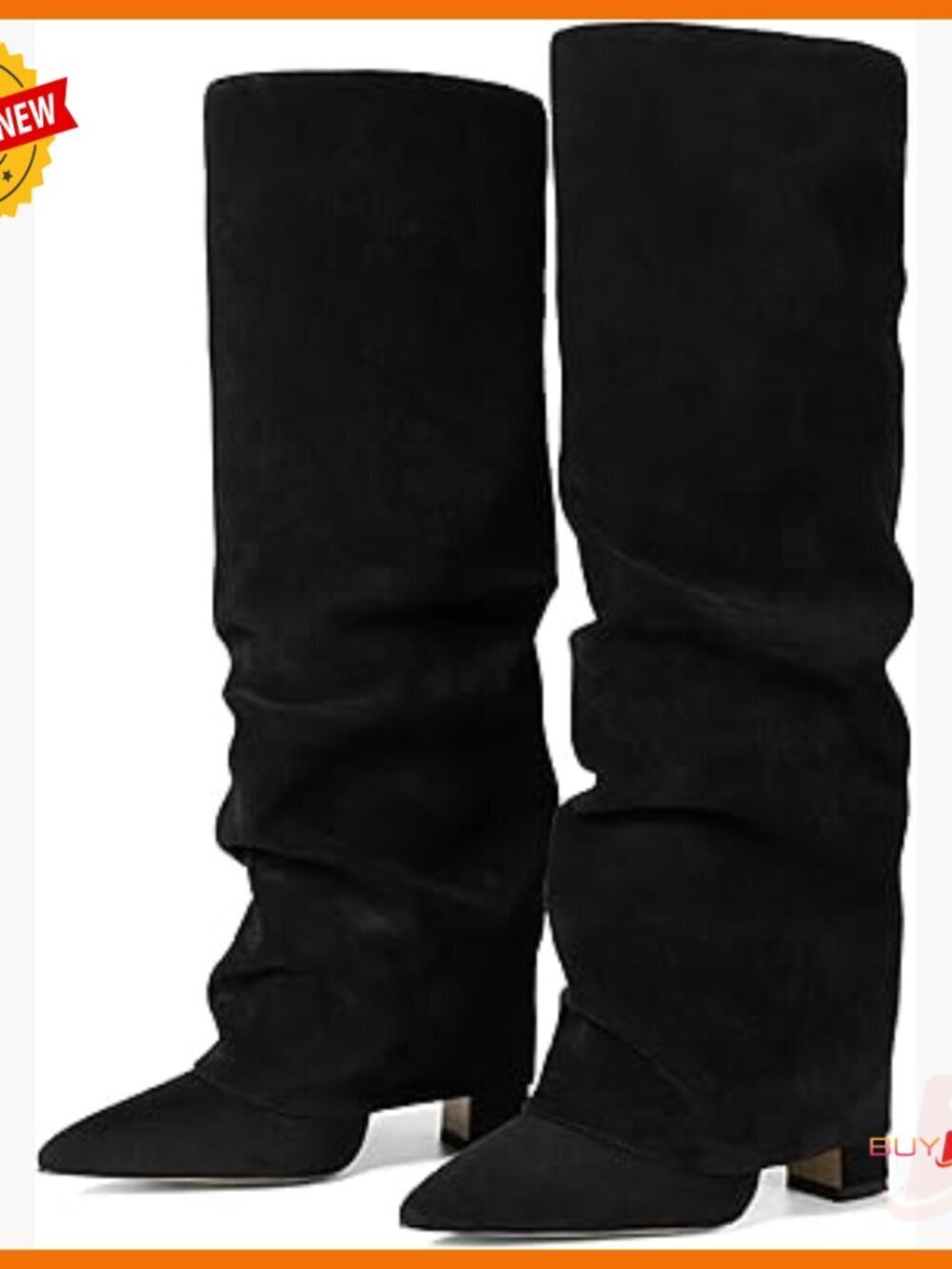 Knee High Boots Wide Calf Chunky Heel Pointed Toe Fold Over Pull On